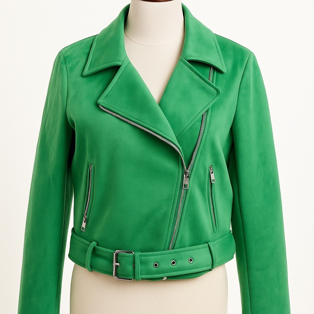 ZARA Faux Suede Moto Jacket – Jade Green, Size Large